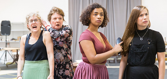 Felicity Montagu as Mrs Bennet with Leigh Quinn, Anna Crichlow and Mari Izzard as Mary, Kitty and Lydia Bennet. Photo Johan Persson